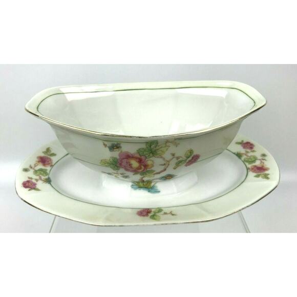 Victoria China Czechoslovakia Gravy Boat With Attached Underplate Pink Roses - Picture 1 of 12